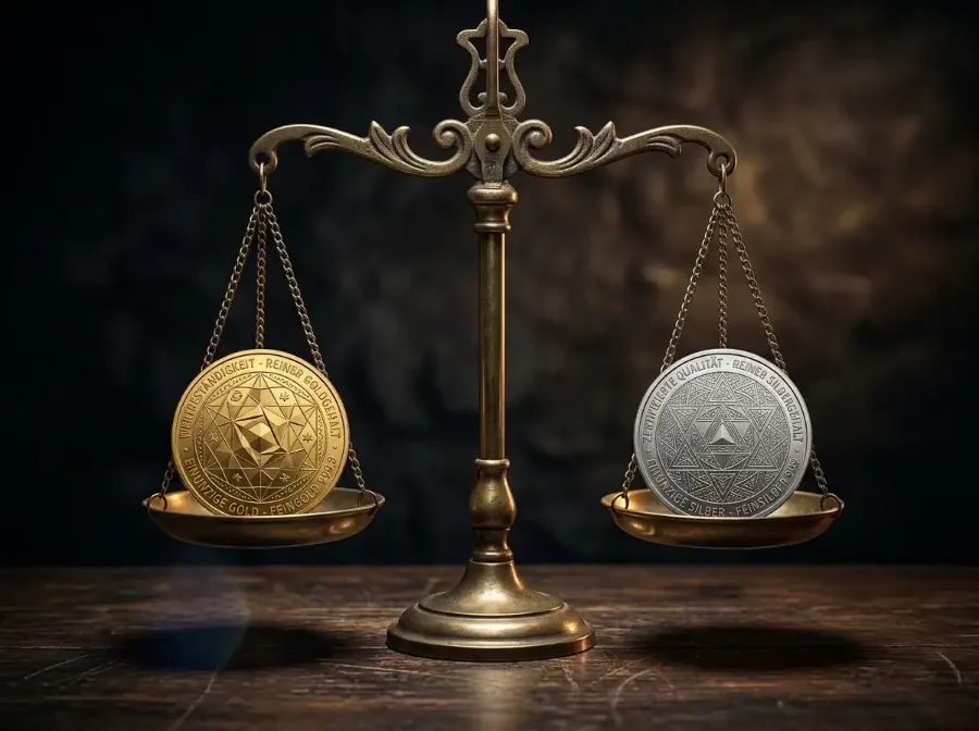 Zwei Kryptomünzen in Gold und Silber gegenüber auf einer Waage