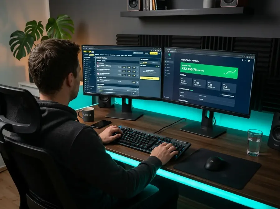 Krypto-Buchmacher Vergleich - Laptop mit Sportwetten-Plattform und USDT-Einzahlung