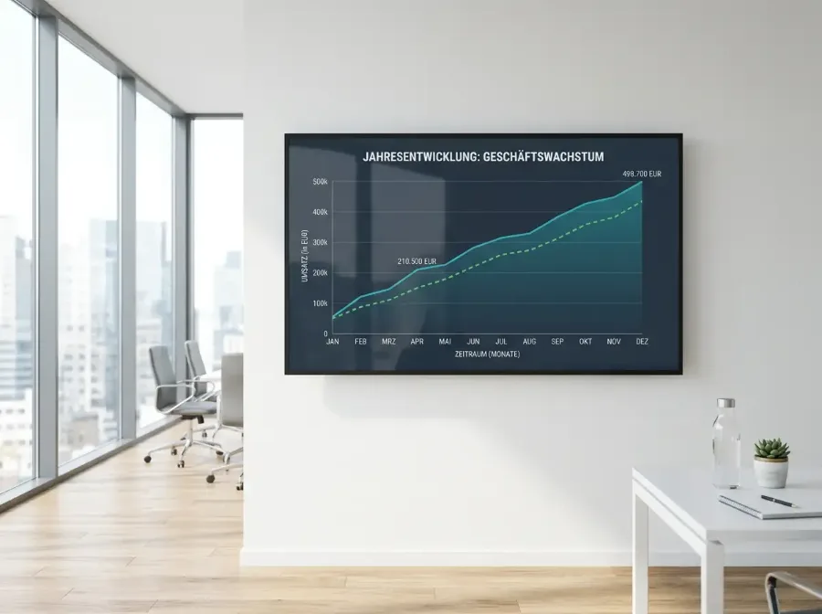 Aufwärtstrend-Diagramm auf einem grossen Bildschirm in einem modernen Büro