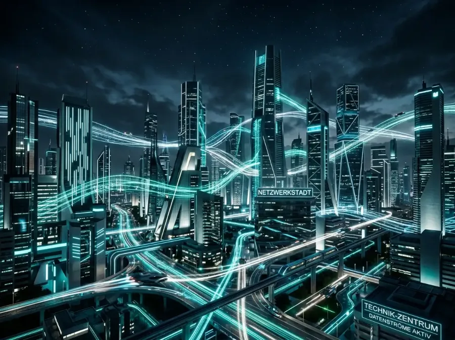 Futuristische Stadtsilhouette bei Nacht mit leuchtenden Datenströmen