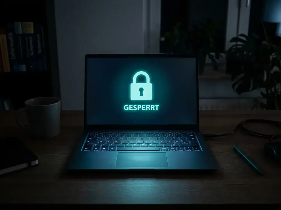 Laptop mit Vorhängeschloss-Symbol auf dem Bildschirm in einem abgedunkelten Raum