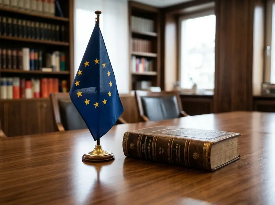 EU-Flagge neben einem Gesetzbuch auf einem Konferenztisch