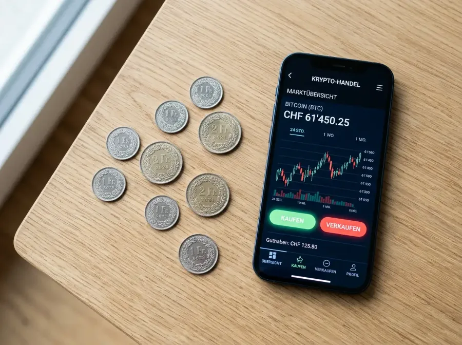 Schweizer Franken-Münzen neben einem Smartphone mit Krypto-Börsen-App