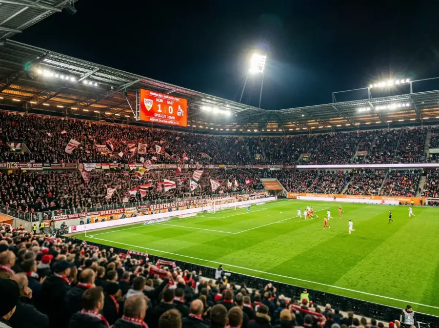 Fussballstadion bei Flutlicht mit leuchtender Anzeigetafel und Zuschauern