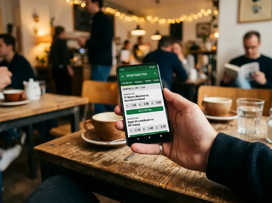 Hand hält Smartphone mit Sportwetten-App in einem Café