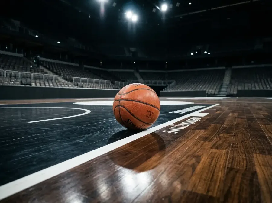 Basketball auf einem Hallenboden neben der Freiwurflinie