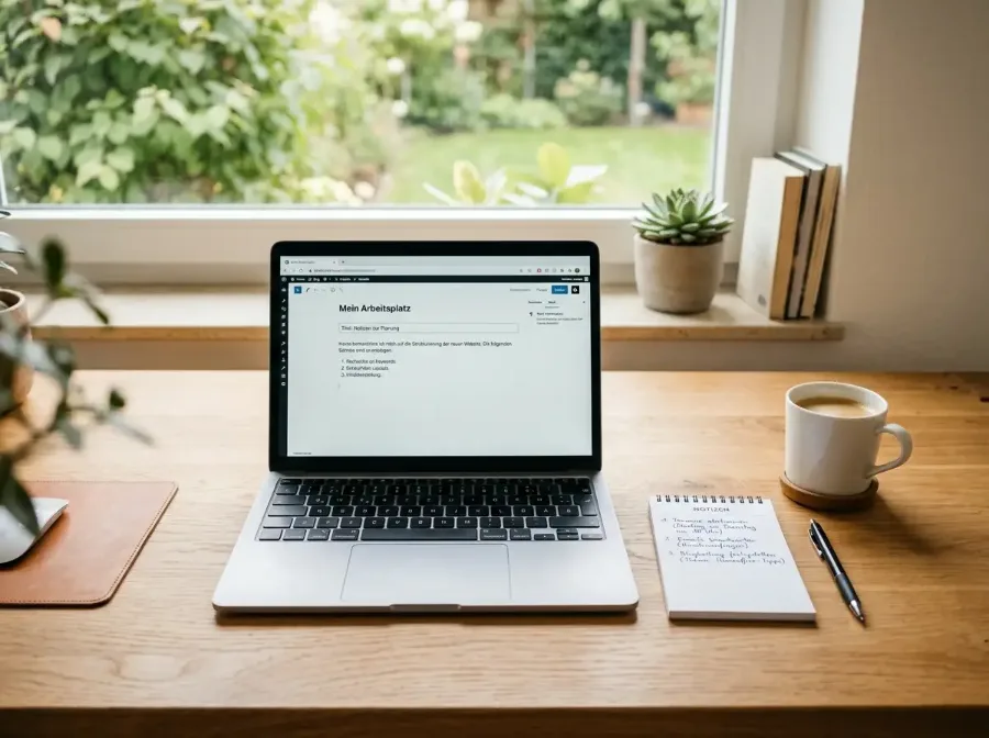 Offener Laptop neben einer Tasse Kaffee auf einem aufgeräumten Schreibtisch