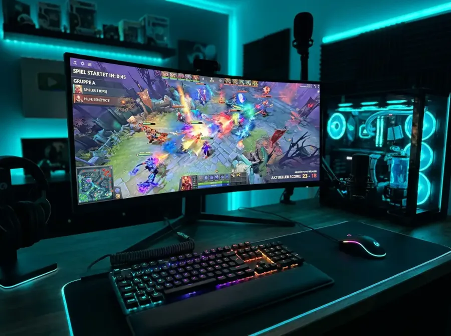 Gaming-Setup mit beleuchtetem Monitor und mechanischer Tastatur in einem abgedunkelten Raum
