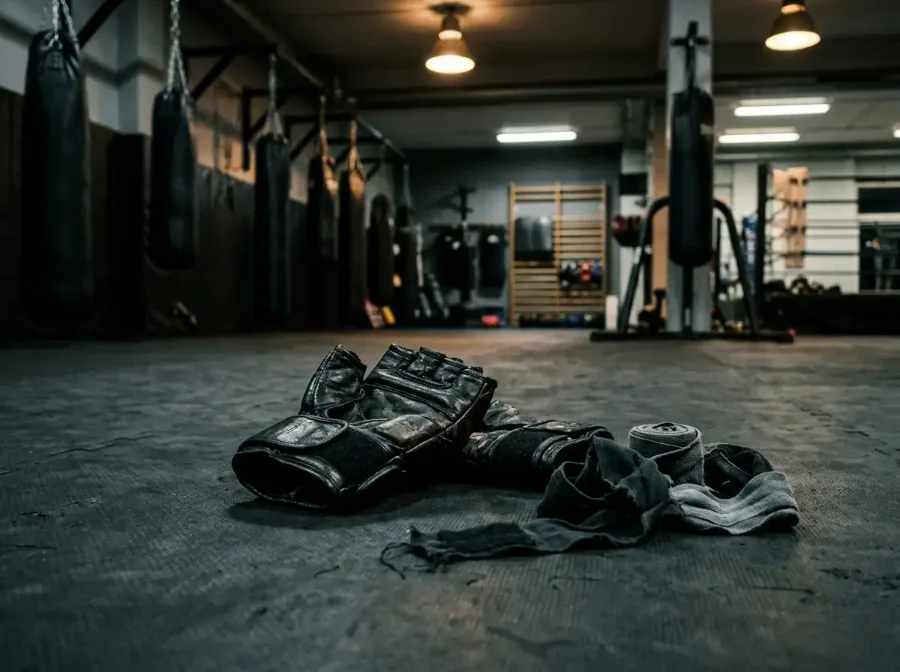 MMA-Handschuhe und Bandagen auf einer Trainingsmatte in einem Kampfsport-Gym