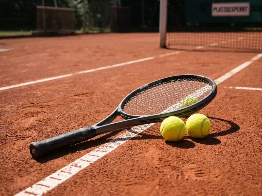 Tennisschläger und Tennisball auf einem roten Sandplatz