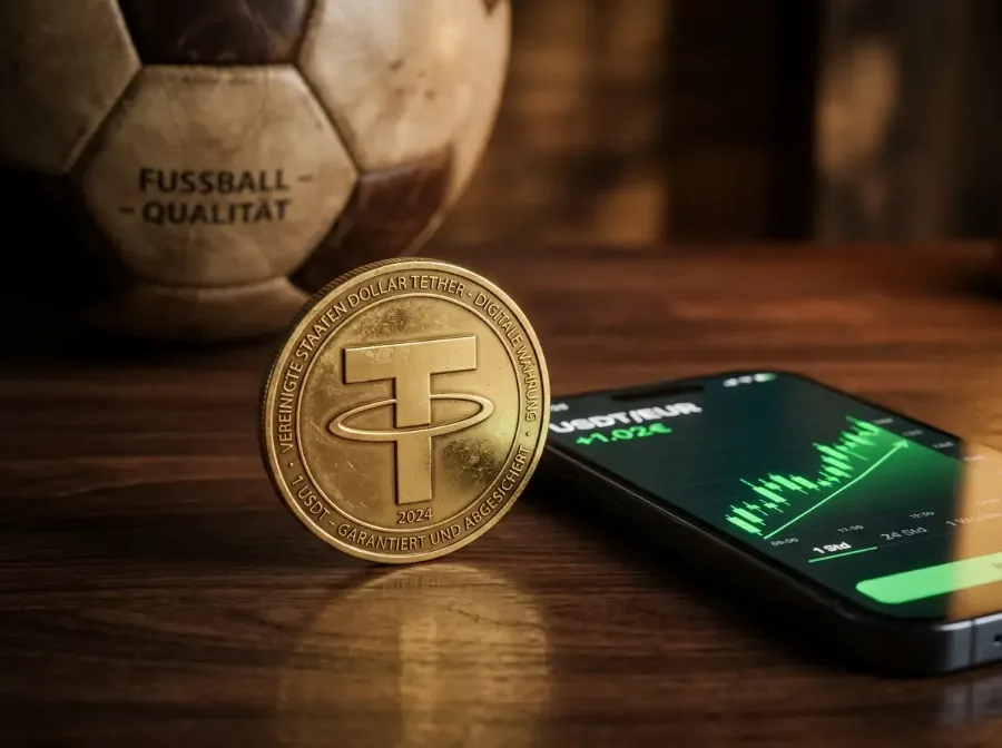 Tether USDT Stablecoin für Sportwetten - digitale Münze auf einem Smartphone-Display