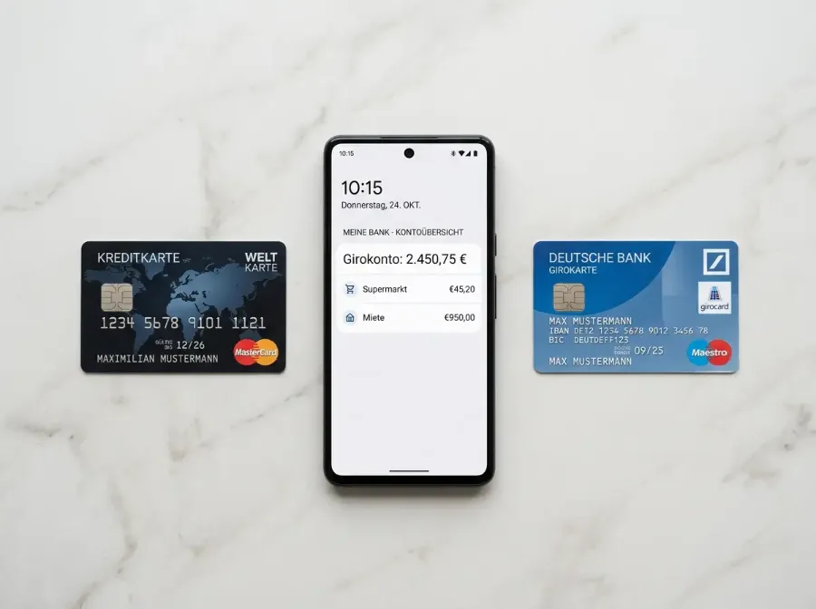 Kreditkarte, Smartphone und Bankkarte nebeneinander auf einem hellen Schreibtisch