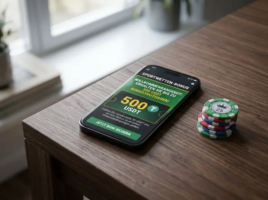 Smartphone mit USDT-Bonusangebot auf dem Bildschirm neben gestapelten Pokerchips