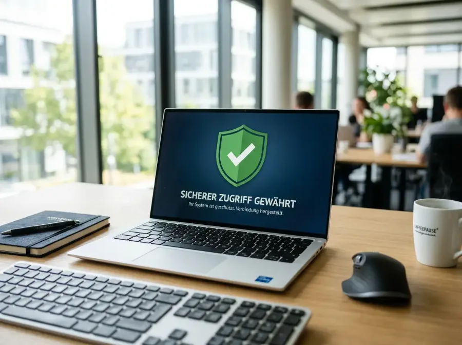 Schildsymbol mit Häkchen auf einem Laptop-Bildschirm in einem hellen Büro