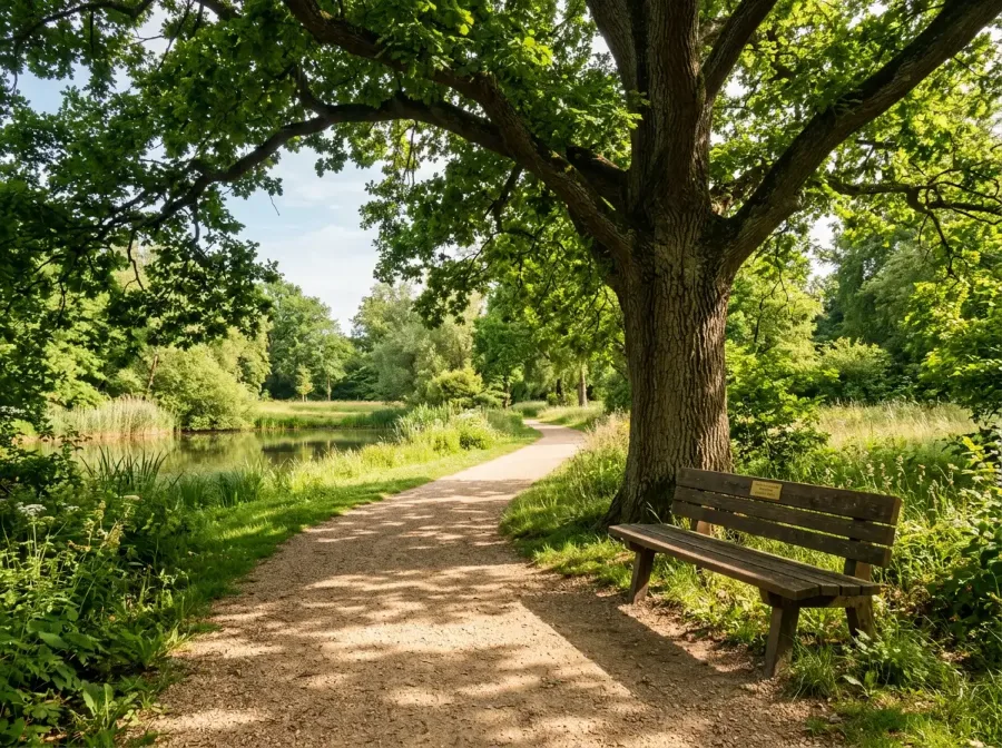 Ruhige Parklandschaft mit einer Bank unter einem Baum bei Sonnenlicht