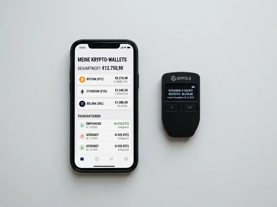 Hardware-Wallet neben einem Smartphone mit Krypto-App auf einem Schreibtisch